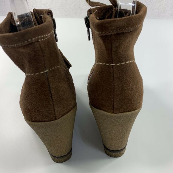 MIA Hazel Boot Brown Suede Leather Tassle Lace Up Wedge Bootie Size 7.5 M - Picture 7 of 12
